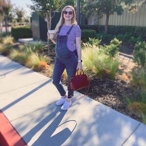 Motherhood Maternity Overalls, Indigo Blue, distressed style.